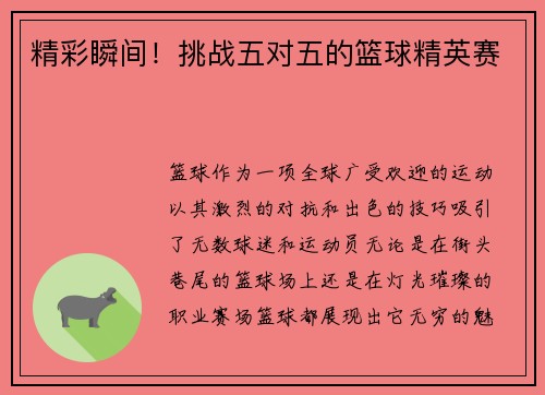 精彩瞬间！挑战五对五的篮球精英赛
